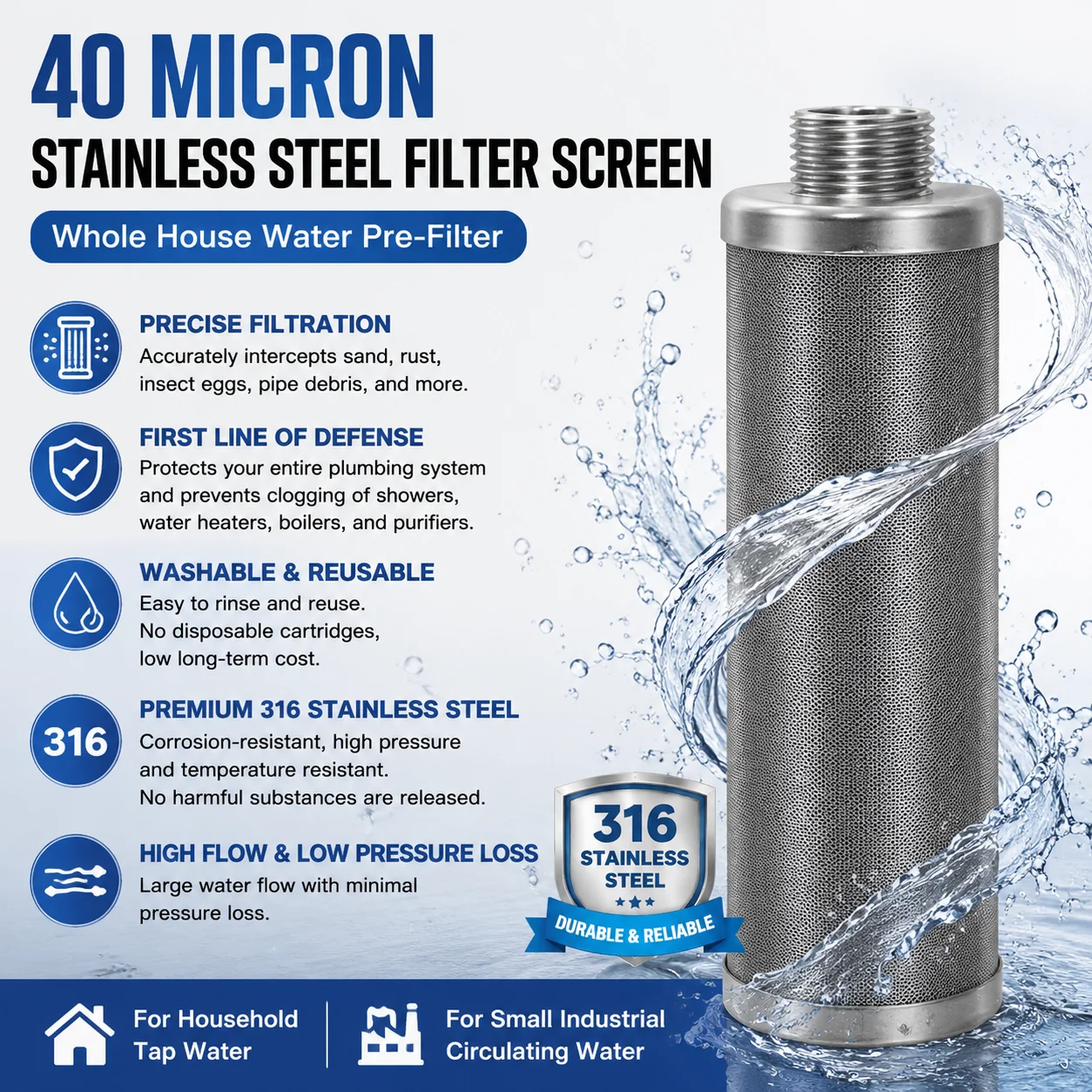 Whole House Well Water Filter for Household, 304 Stainless Steel Pre Filter with High Flow & Backwashing Function 4