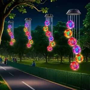 1pc Solar Powered Color Changing Pink Embroidered Ball Flower Wind Chime Light Waterproof Outdoor Night Light Hanging Solar Lamp 1