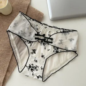Lingerie Low Waist Women Underwear Ruffle Buckle Design Chinese Style Briefs Transparent Mesh Ice Silk Panties Retro Style 1