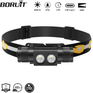 BORUiT D25 Dual LED Headlamp 2000LM Powerful Headlight Type-C Rechargeable 18650 Head Torch Waterproof Camping Fishing Lantern 1