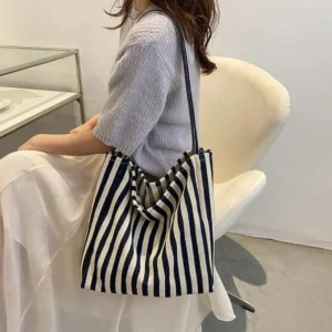 Female Casual Multifunctional Travel Top-handle Handbag Large Capacity Canvas Women Shopper Tote Simple Striped Shoulder Bag2025 1