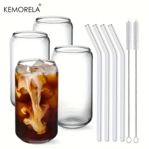 Drinking Glasses Cup with Glass Straw 4pcs Set Can Shaped For Beer Iced Coffee Whiskey Soda Tea Water with 2 Cleaning Brushes 1