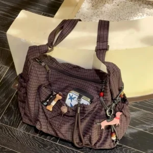 Korean Nylon Shoulder Bag Fashion Simple Plaid Zipper Tote Bag Drawstring Pleated Cloud Bag New Commuter Crossbody Shoulder Bag 1