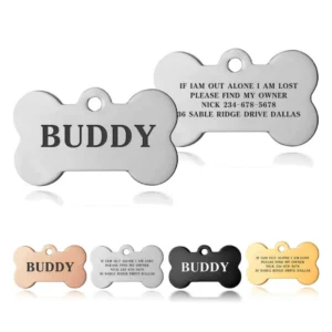 Premium Engraved Personalised Dog ID Tag Dog Name Tag Cat Puppy Name ID Bone Tag Collar Black Silver Gold Stainless Steel 1