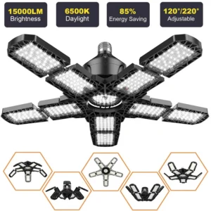 LED Garage Lights with 7/10+1 Adjustable Panels E26/E27 Ceiling Shop Work Lamp 150W 6500K Bulb for Workshop Industrial Lighting 1