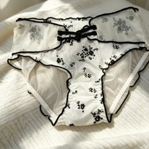 Lingerie Low Waist Women Underwear Ruffle Mesh Chinese Style Briefs Buckle Design Transparent Ice Silk Panties Retro Style 1