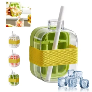 Ice Cube Bottle with Straw, 2 In 1 Touch-Free Push-Type Ice Cube Making Bottle, Easy Release Water Bottle Ice Mold 1