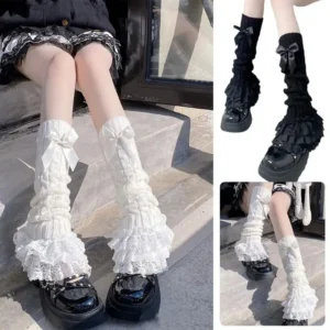 Japanese Women Knitted Leg Warmer Bow Tiered Ruffled Socks Girl Lace Lolita Socks Calf T-shaped Lace Leg Horn Warmers Women 1